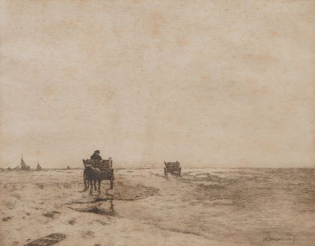 Jan Hendrik Weissenbruch | Strand met paard en wagen en schepen, ets op papier, 35,0 x 44,0 cm, gesigneerd door Ph. Zilcken