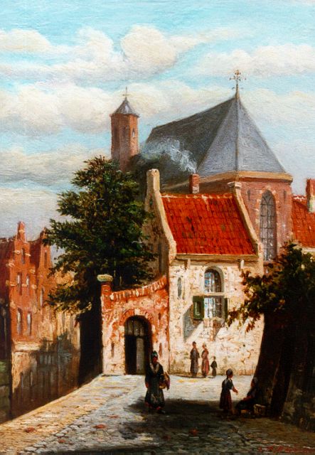 Johannes Jacobus Mittertreiner | Stadsgezicht met grachtje, olieverf op paneel, 19,2 x 14,2 cm, gesigneerd r.o.