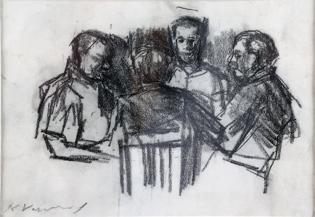 Kees Verwey | Kaartende mannen, zwart krijt op papier, 16,8 x 24,2 cm, gesigneerd l.o.