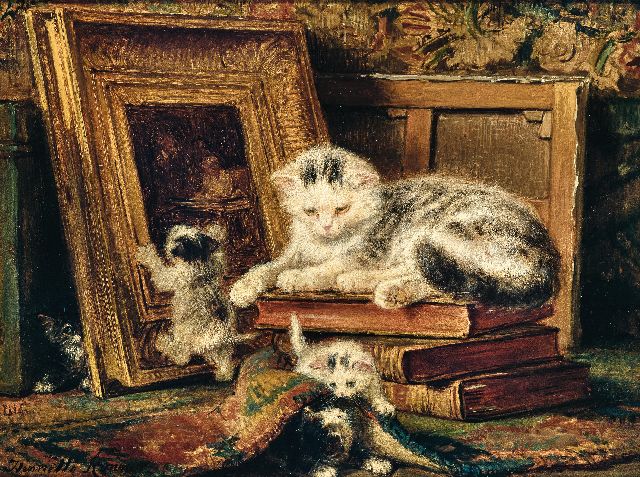 Henriette Ronner | Moederpoes met spelende kittens, olieverf op paneel, 24,5 x 32,5 cm, gesigneerd l.o.