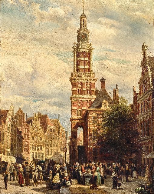 Cornelis Springer | Drukbevolkt marktgezicht voor de Wijnhuistoren in Zutphen, olieverf op paneel, 60,0 x 47,5 cm, gesigneerd m.o. en gedateerd 1872
