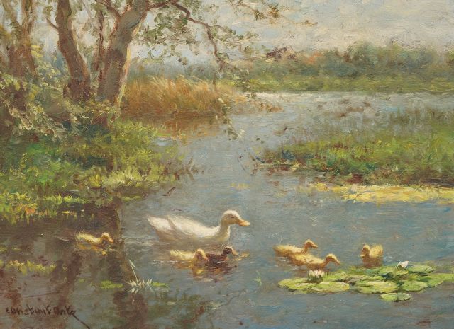 Constant Artz | Eendenfamilie in het water, olieverf op paneel, 18,2 x 24,1 cm, gesigneerd l.o.