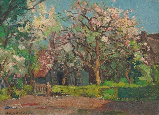 Henk van Leeuwen | Bloesembomen bij een boerderij, olieverf op doek, 30,2 x 40,4 cm, gesigneerd l.o.