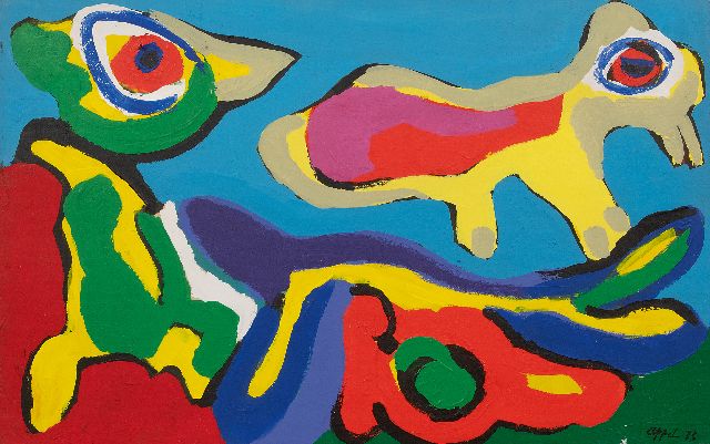 Karel Appel | Birds, acryl op papier op doek, 49,3 x 77,1 cm, gesigneerd r.o. en gedateerd '73  GERESERVEERD