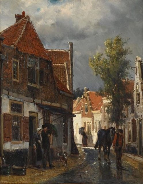 Cornelis Springer | Straatje in Oudewater bij regenachtig weer, olieverf op paneel, 25,0 x 19,8 cm, gesigneerd l.o. en gedateerd '80