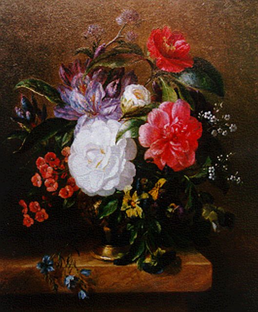 J.R. van Eeghen | Bloemstilleven op marmeren tafel, olieverf op paneel, 37,9 x 31,6 cm, gesigneerd l.o. mon en gedateerd 1855