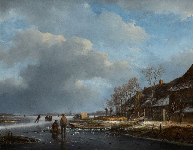 Andreas Schelfhout | IJsgezicht met vissers en schaatsers bij een boerderij, olieverf op paneel, 40,5 x 51,0 cm, gesigneerd r.o. en 1830