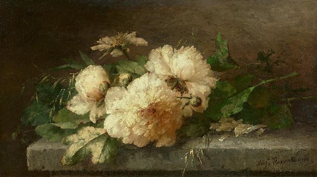 Margaretha Roosenboom | Pioenrozen op een stenen plint, olieverf op doek, 40,5 x 71,8 cm, gesigneerd r.o.