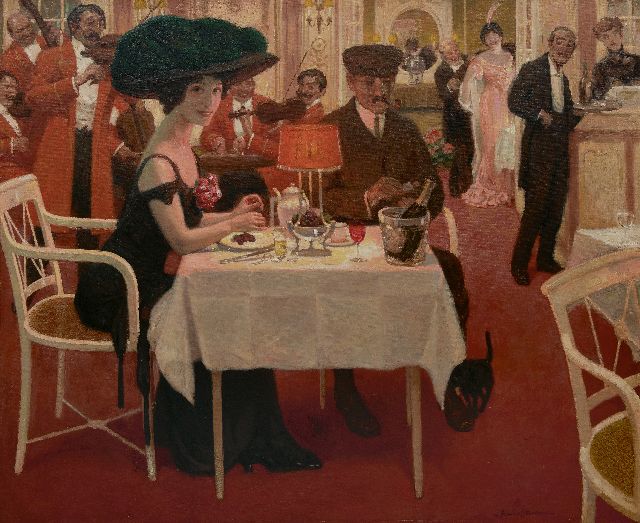 Stevens A.  | Een kostbaar avondje uit, olieverf op doek 100,1 x 121,0 cm, gesigneerd r.o.