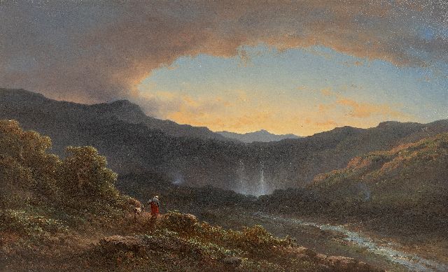Johannes Hilverdink | Romantische zonsondergang bij een waterval, olieverf op paneel, 33,7 x 55,3 cm, gesigneerd l.o. en gedateerd 1874, zonder lijst