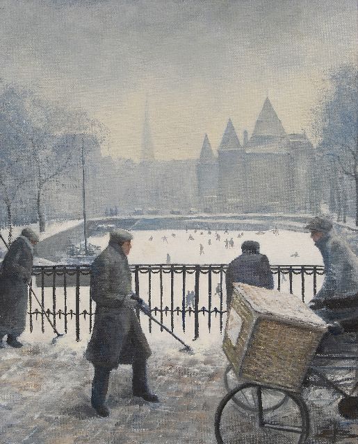 Eveline Verbiest-Boers | De Amsterdamse OZ Voorburgwal en de Waag in de sneeuw, olieverf op doek op schildersboard, 60,0 x 48,2 cm, gesigneerd r.o. met monogram