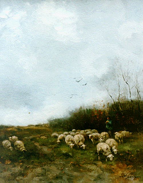 Willem George Frederik Jansen | Herder met zijn schaapskudde, olieverf op doek, 55,0 x 45,0 cm, gesigneerd r.o.