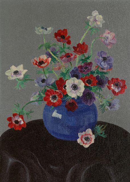 Dirk Smorenberg | Anemonen in fellauwe vaas, olieverf op doek, 70,5 x 50,5 cm, gesigneerd r.o.