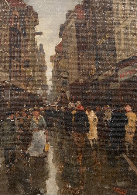 Cor Noltee | Drukbevolkte winkelstraat/Spuistraat, Den Haag, olieverf op doek, 49,7 x 33,7 cm, gesigneerd r.o.