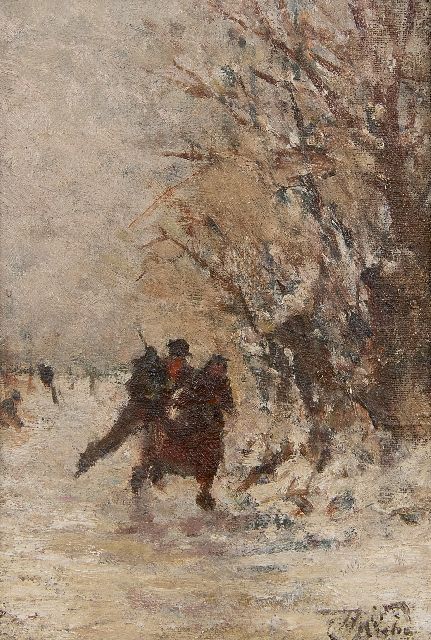 Seben H. van | Schaatspaar in een winterlandschap, olieverf op doek op paneel 17,4 x 11,7 cm, gesigneerd r.o.