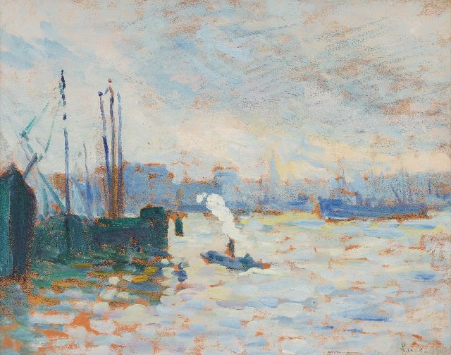 Luce M.  | De Maas bij Feijenoord, Rotterdam, olieverf op schildersboard 27,1 x 34,2 cm, gedateerd 1907