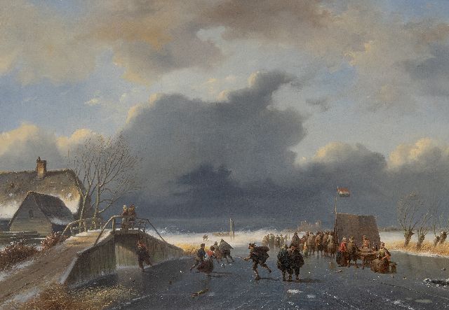 Roosenboom/Verboeckhoven Nicolaas Johannes/Eugène  | IJspret bij opkomende sneeuwstorm (de figuren zijn van Eugène Verboeckhoven), olieverf op doek 48,1 x 68,0 cm