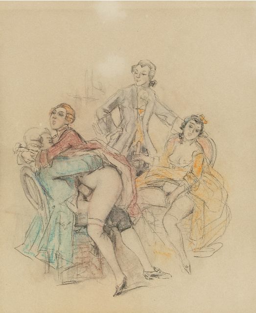 Poulton T.L.  | Réunion mondaine / Mondain feestje, kleurpotlood op papier 21,5 x 18,0 cm