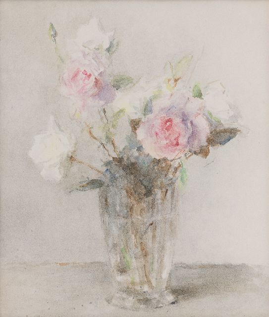 Groningen L. van | Rozen in een glazen vaas, aquarel op papier 44,0 x 36,2 cm, gesigneerd l.o.