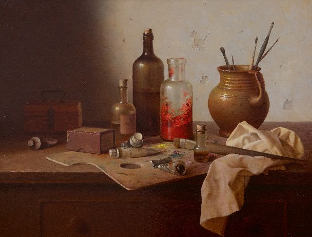 Bubarnik A.G.  | Stilleven van schildersattributen op werkbank, olieverf op paneel 50,0 x 65,0 cm, gesigneerd r.o.