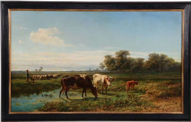 Savrij H.  | Weidelandschap met drinkend vee en schaapskudde, olieverf op doek 76,7 x 129,0 cm, gesigneerd r.o.