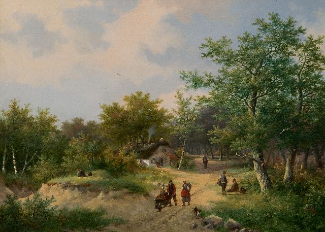 Koekkoek P.H.  | Boerenvolk op een landweg, olieverf op paneel 26,8 x 37,2 cm, gesigneerd m.o.