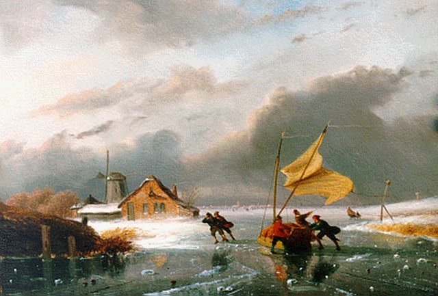 Nicolaas Roosenboom | IJszeilen op een stormachtige winterse dag, olieverf op paneel, 31,0 x 45,0 cm, gesigneerd r.o.