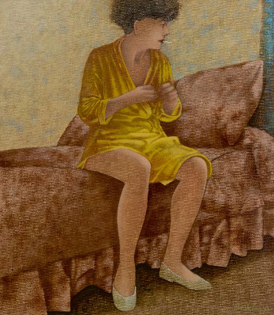 Verhoog A.  | Rokende vrouw op roze bed, olieverf op doek 80,0 x 70,0 cm, gesigneerd r.o. en gedateerd '93