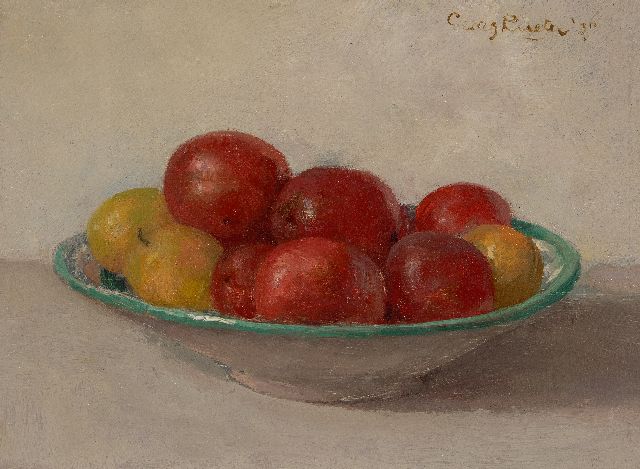 Georg Rueter | Stilleven van fruit op een schaaltje, olieverf op paneel, 17,6 x 23,3 cm, gesigneerd r.b. en gedateerd '37, zonder lijst