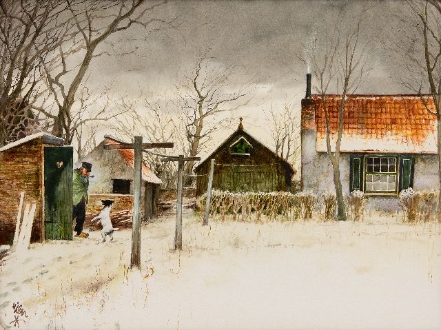 Rien Poortvliet | Een blije vriend op de boerderij, aquarel op papier, 50,0 x 65,0 cm, gesigneerd l.o.
