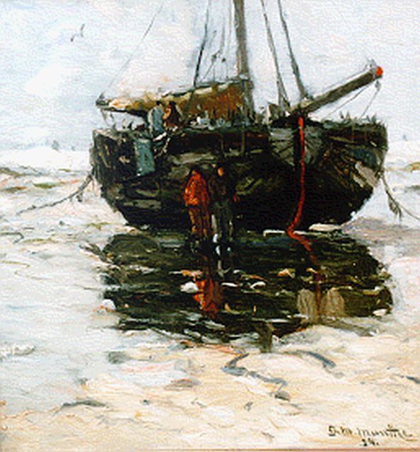 Morgenstjerne Munthe | Bom op het strand, olieverf op schilderskarton, 32,7 x 31,0 cm, gesigneerd r.o. en gedateerd '14
