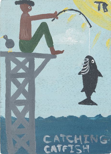 Tim Brown | Catching Catfish, acryl op hechthout, 52,5 x 38,0 cm, gesigneerd r.b. met ini en ca 1995