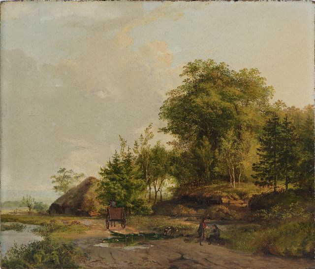 Barend Cornelis Koekkoek | Zomerlandschap met reizigers  en paard en wagen, olieverf op paneel, 34,7 x 40,7 cm, 1823-1826