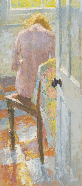 Ray S.  | Zittend naakt in ochtendzon, olieverf op board 52,1 x 23,9 cm, gesigneerd op achterkant lijst