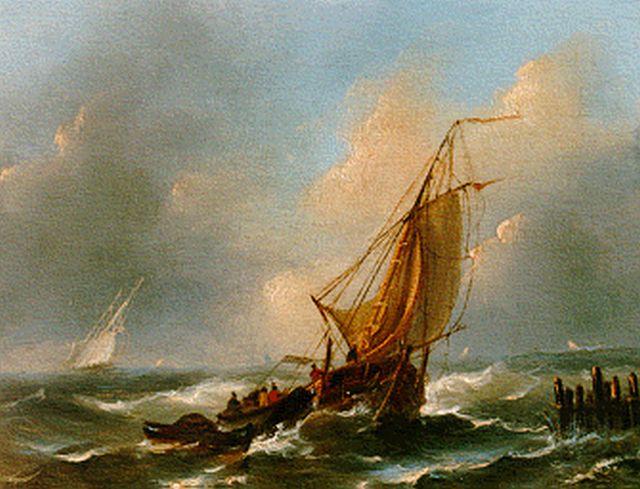 Emmerik G. van | Zeilschepen voor de kust, olieverf op paneel 13,1 x 16,7 cm, gesigneerd l.o. initialen