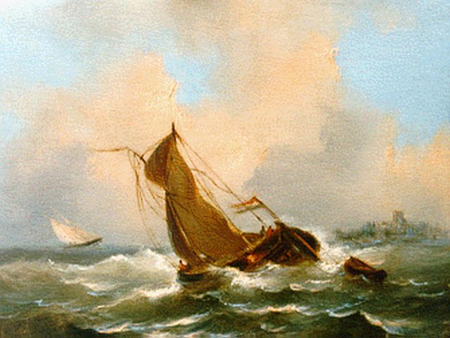 Govert van Emmerik | Schepen op woelige zee, olieverf op paneel, 13,1 x 17,3 cm, gesigneerd l.o. initialen