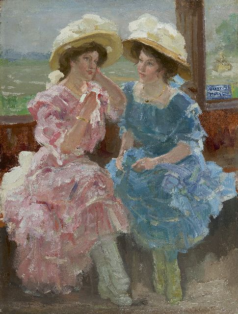 Vaarzon Morel W.F.A.I.  | Modieuze vrouwen op een veerboot, olieverf op doek 50,8 x 38,3 cm, gesigneerd r.m.