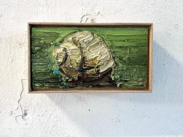 Carlos Blaaker | Slakje, slakje, kom uit je huisje, olieverf op paneel, 16,0 x 30,0 cm