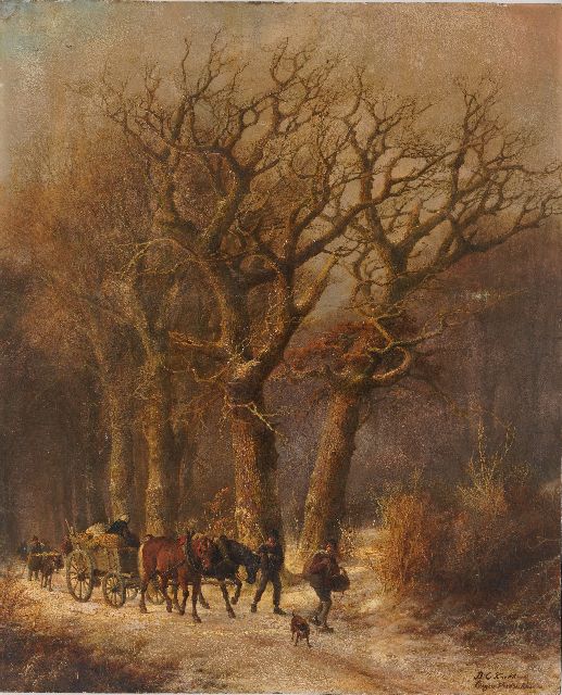 Johann Bernard Klombeck en Eugène Verboeckhoven | Winters boslandschap met figuren en vee, olieverf op paneel, 59,5 x 48,8 cm, gesigneerd r.o. met resten van signatuur