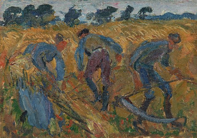 Johan Dijkstra | Maaiende landarbeiders, Groningen, olieverf op doek op paneel, 21,5 x 30,2 cm, gesigneerd r.o. en te dateren medio jaren 20