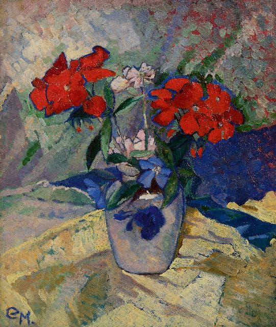 Machotka C.  | Rode bloemen in een vaas, olieverf op doek 32,0 x 27,1 cm, gesigneerd l.o. met initialen en te dateren ca. 1925
