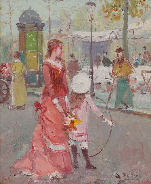 Soler J.  | Wandelaars op een Parijse boulevard, olieverf op paneel 27,2 x 22,0 cm, gesigneerd r.o.