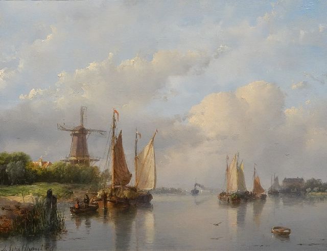 Schelfhout A.  | Zomers riviergezicht met zeilschepen, een stoomschip in de verte., olieverf op paneel 22,0 x 29,0 cm, gesigneerd l.o. en gedateerd '58