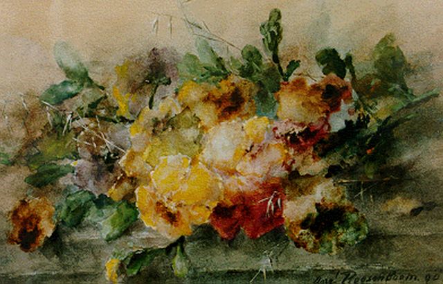 Margaretha Roosenboom | Stilleven met viooltjes en eikenblad, aquarel op papier, 33,8 x 52,7 cm, gesigneerd r.o. en gedateerd '90