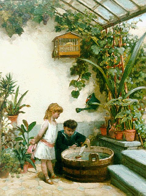 Otto Eerelman | Kinderen spelend bij een tobbe, olieverf op paneel, 40,0 x 30,6 cm, gesigneerd r.o.
