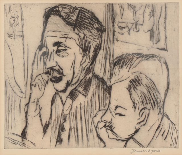 Jan Wiegers | Portret van H.N. Werkman en Johan van Zweden, ets op papier, 21,5 x 26,0 cm, gesigneerd r.o. (in potlood) en te dateren 1925 (zonder lijst)