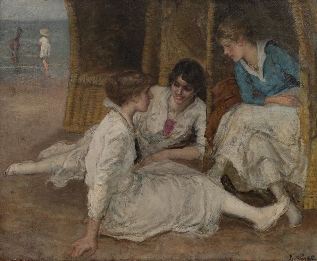 Browne R.I.  | Onderonsje op het strand, olieverf op doek 52,3 x 64,2 cm, gesigneerd r.o.