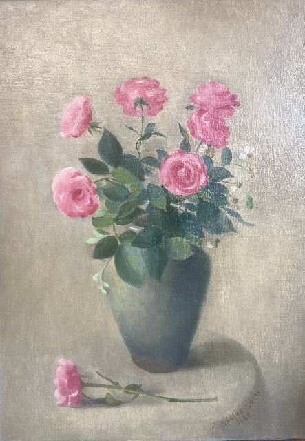 Sarika Góth | Vaas met roze rozen, olieverf op doek, 50,4 x 35,7 cm, gesigneerd l.o. en gedateerd 1981