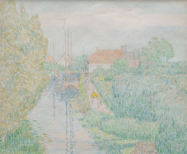 Toorop J.Th.  | Zeeuws landschap met twee figuren lopend langs een kanaal, potlood op papier 13,0 x 15,8 cm, gesigneerd r.o.