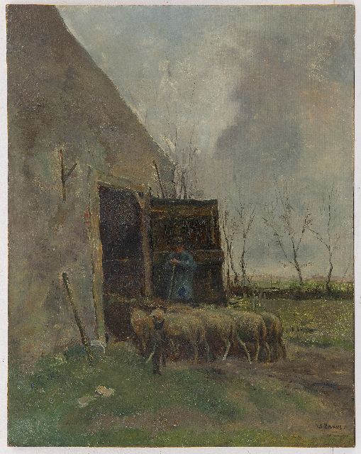 Mauve A.  | Schapen en herder bij de schuur, olieverf op paneel 46,1 x 36,2 cm, gesigneerd r.o.
